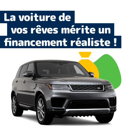 Grosse voiture blanche Range Rover devant une icône en forme de sac de pièces d'or